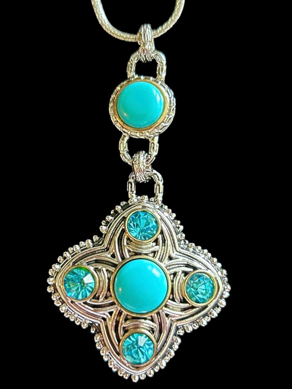 Turquoise Colored Cabochon Silver-Tone Pendant Necklace and Earrings Set